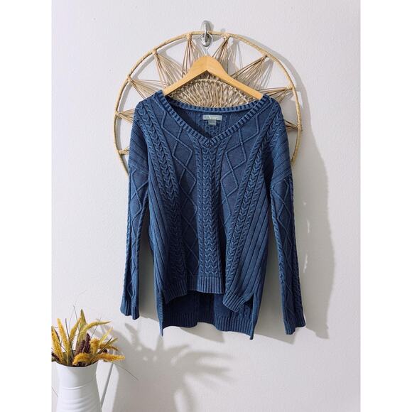 Blue Cotton Natural Reflections Chunky Cable Knit Fisherman V Neck Sweater SMALL - Picture 1 of 10